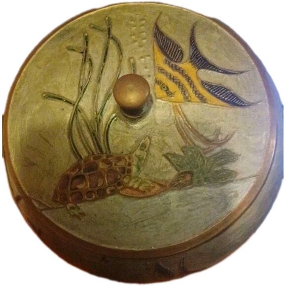 Vintage Under  Sea Life  Cloisonne Brass Enamel Trinket Powder Box, - Picture 1 of 7